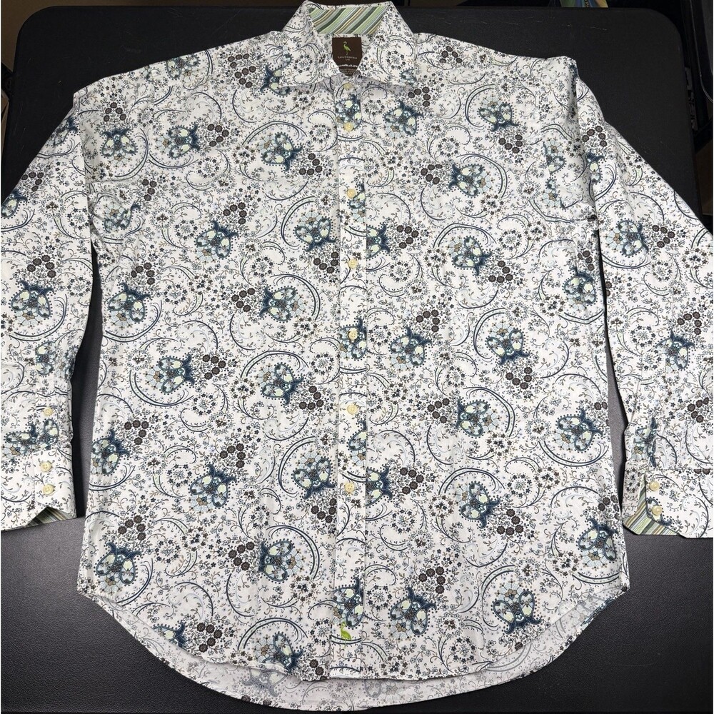 Tailorbyrd Collection Mens Large Paisley Button Up Long Sleeve White/Blue